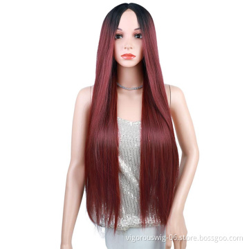 Vigorous Wholesale High Quality Long Middle Part Silky Straight Ombre Burgundy Dark Root For Black Women Synthetic Hair Wigs